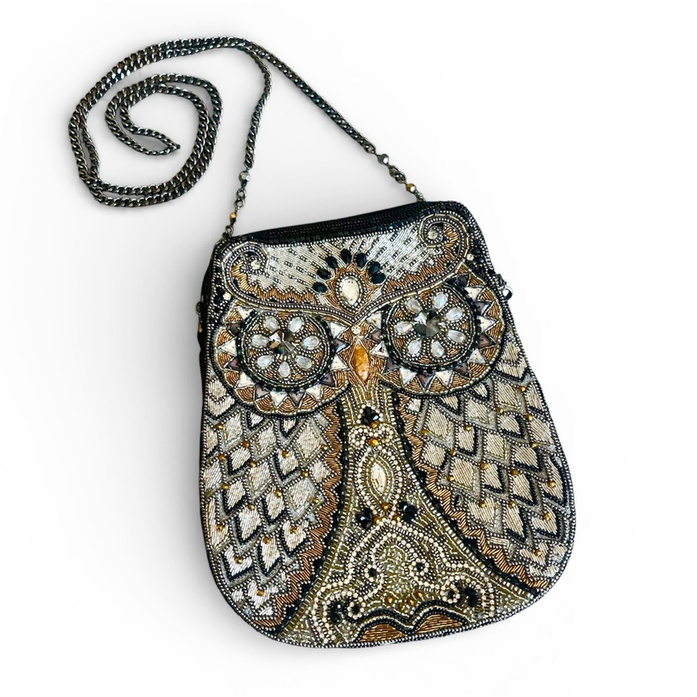 Mary Frances Beaded Owl Crossbody Bag in Gold, Black and silver